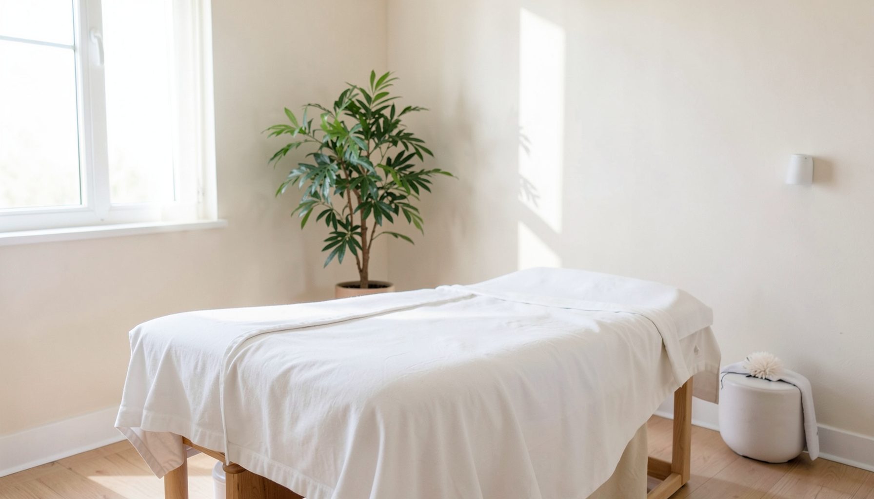 A serene treatment room with soft natural light, a massage bed dressed in white linens, and a potted plant adding a calm atmosphere