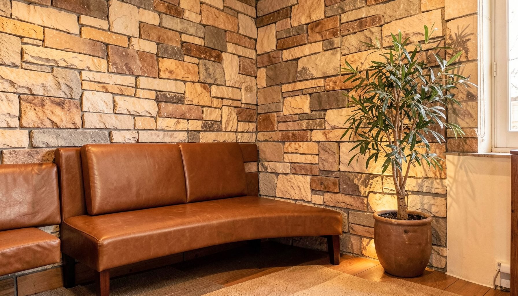 A warm and inviting lounge area with a stone accent wall, leather bench seating, and a potted plant, evoking a peaceful wellness retreat