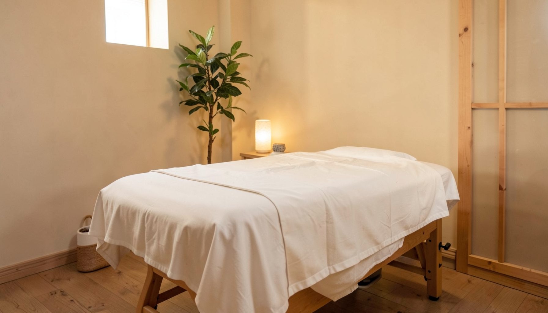 Warm softly lit treatment room with a massage bed dressed in white linens, a potted plant, and natural wood accents creating a calm brown and cream mood