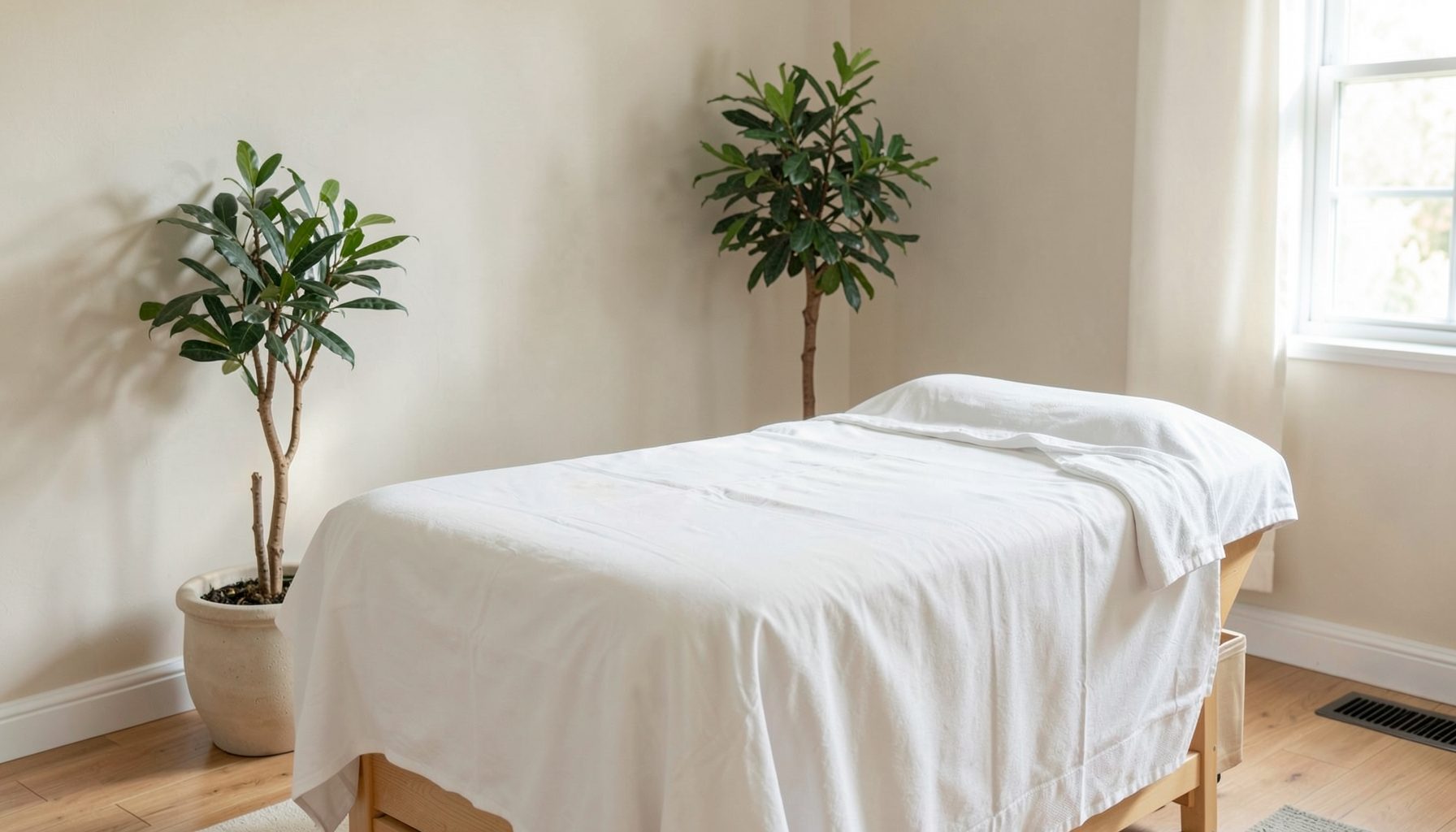 Serene treatment room with a massage bed dressed in white linens, a potted plant, and soft natural light