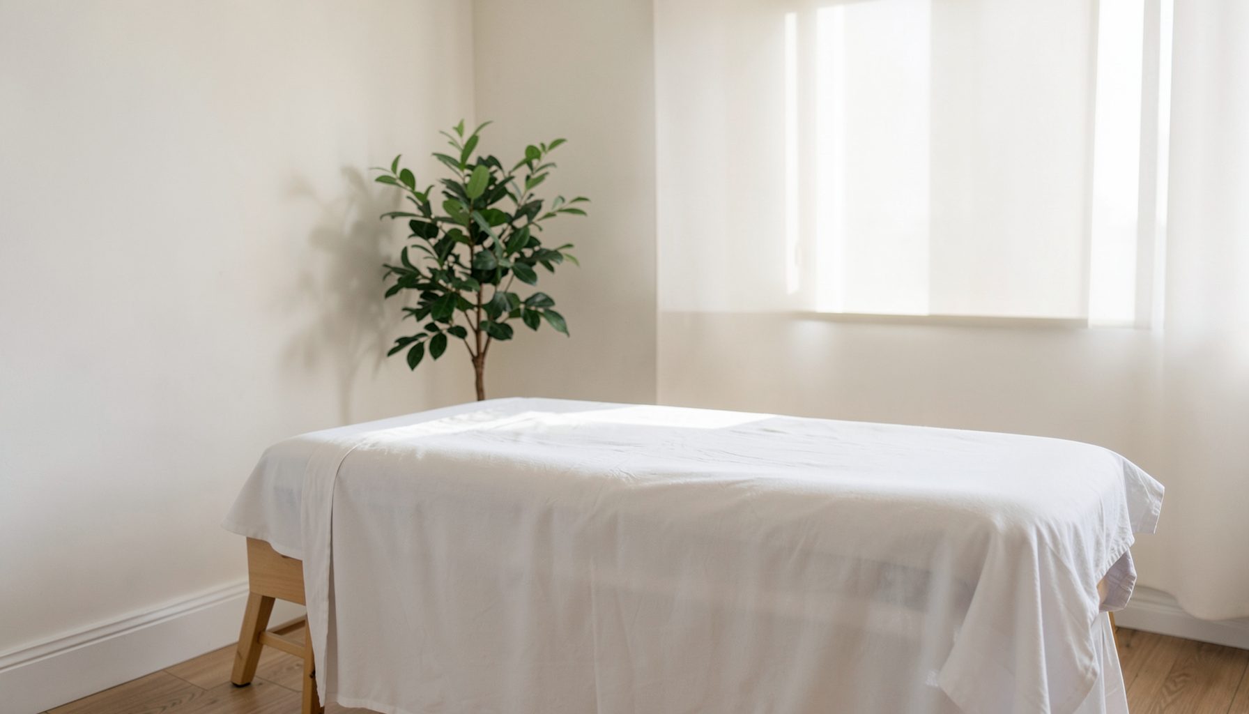 Minimalist light-filled room with a draped white table and small potted plant in the corner, calm serene mood