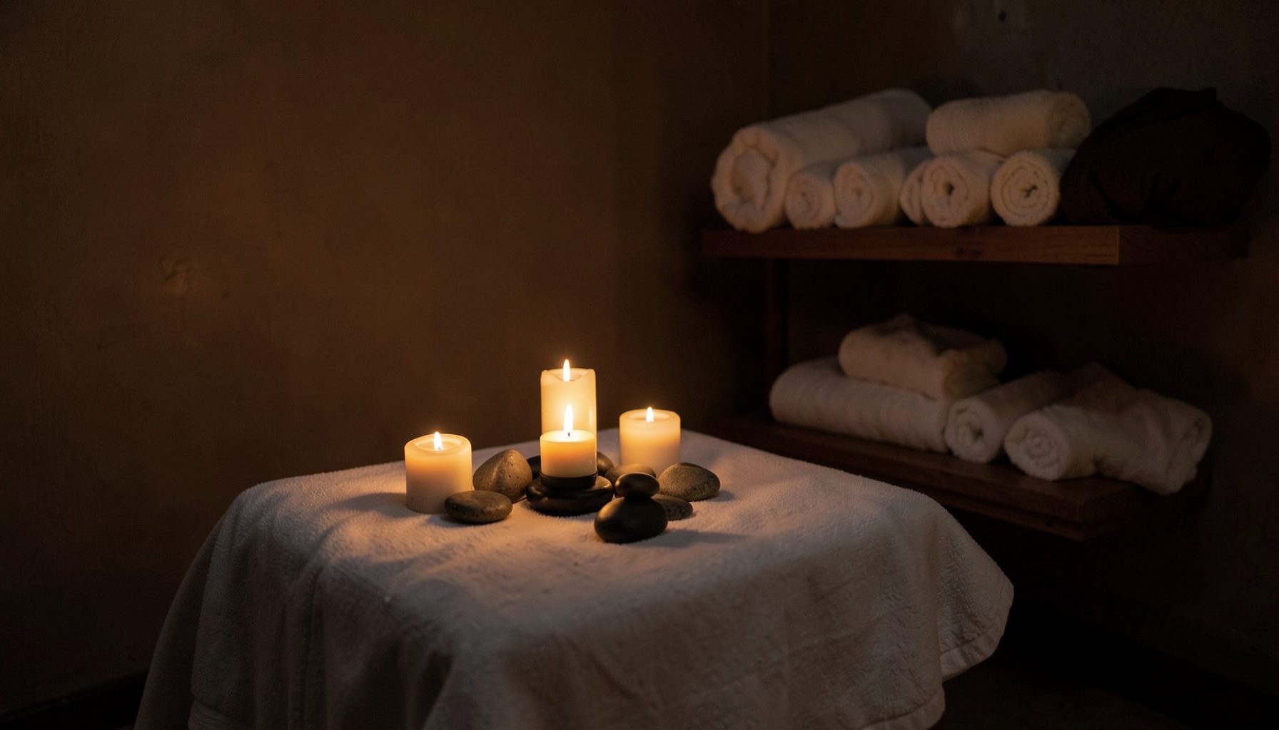 Dim room with lit candles and stones on a white draped table, rolled towels on shelf behind, warm relaxing mood