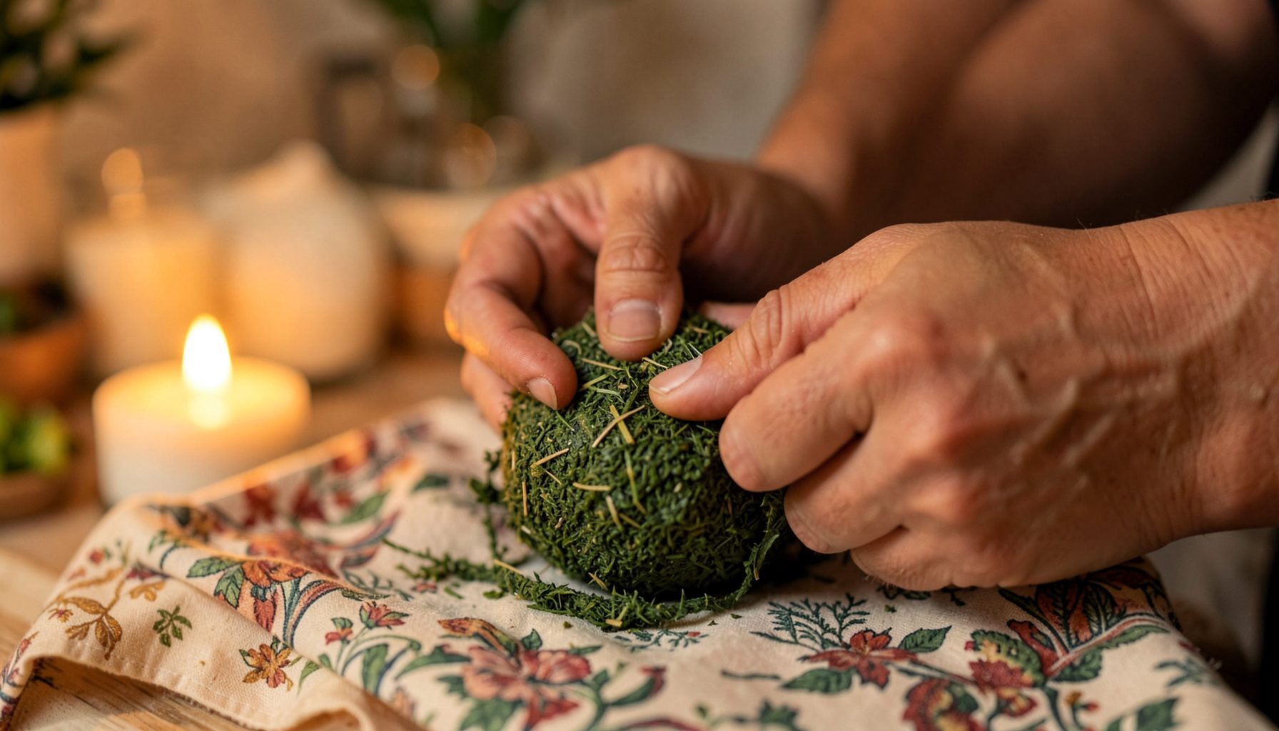 A close-up of hands preparing a green herbal compress ball on patterned fabric, with warm candlelight and a calming spa atmosphere