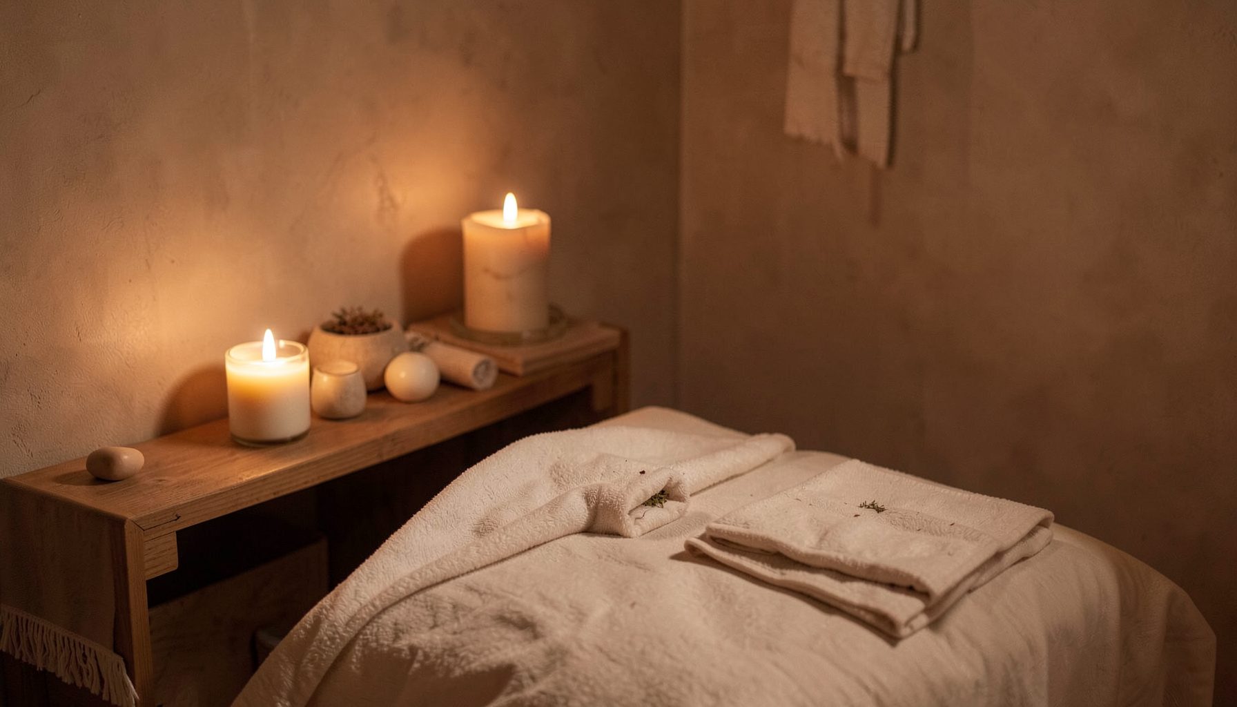 Warm treatment room with soft candlelight, herbal compresses, and a serene wellness atmosphere in earthy brown and cream