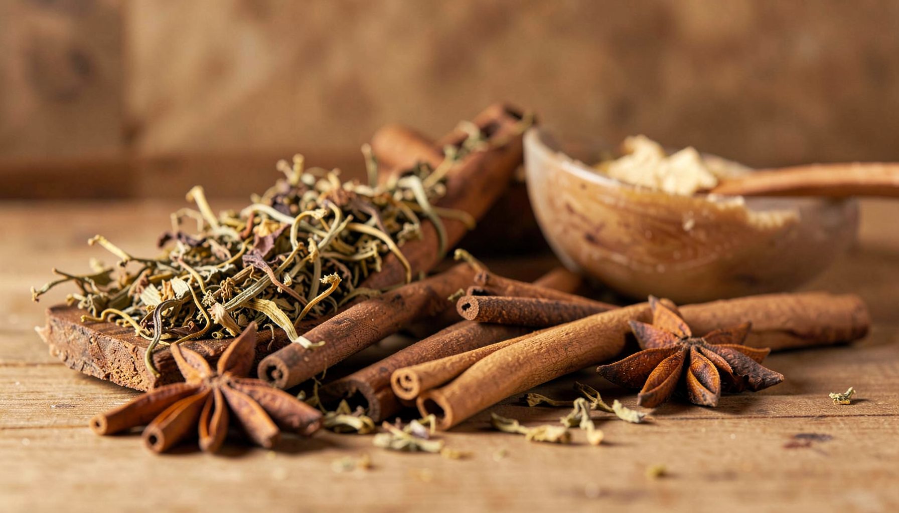 Warm spa setting with dried herbs, cinnamon sticks, star anise, and wooden elements laid out on a flat surface